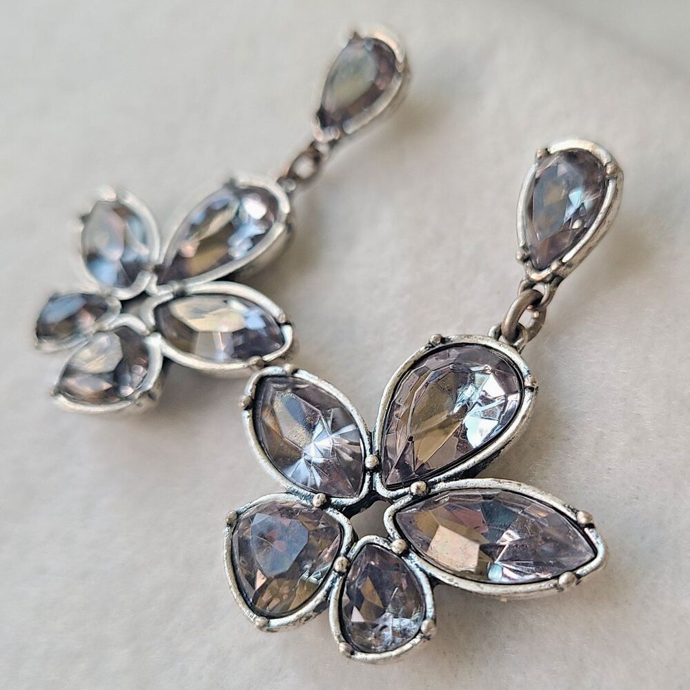 Vintage Rhinestone Smoky Crystal Earrings Dangle Silvertone Whimsigoth Gothic